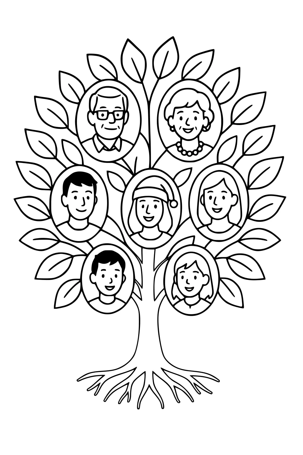 Family tree with seven cartoon portraits on branches, including grandparents, a man, a woman, two girls, and a boy, surrounded by leaves and roots.