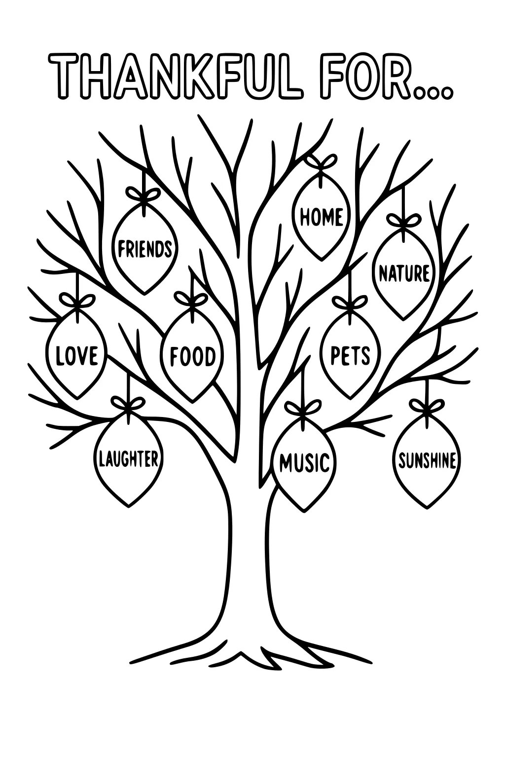 Bare tree with nine leaf ornaments labeled friends, love, food, home, pets, music, nature, sunshine under Thankful For.