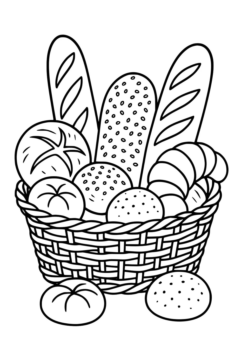 Woven basket with baguettes, a seeded long loaf, a croissant, and round rolls, plus two buns in front.