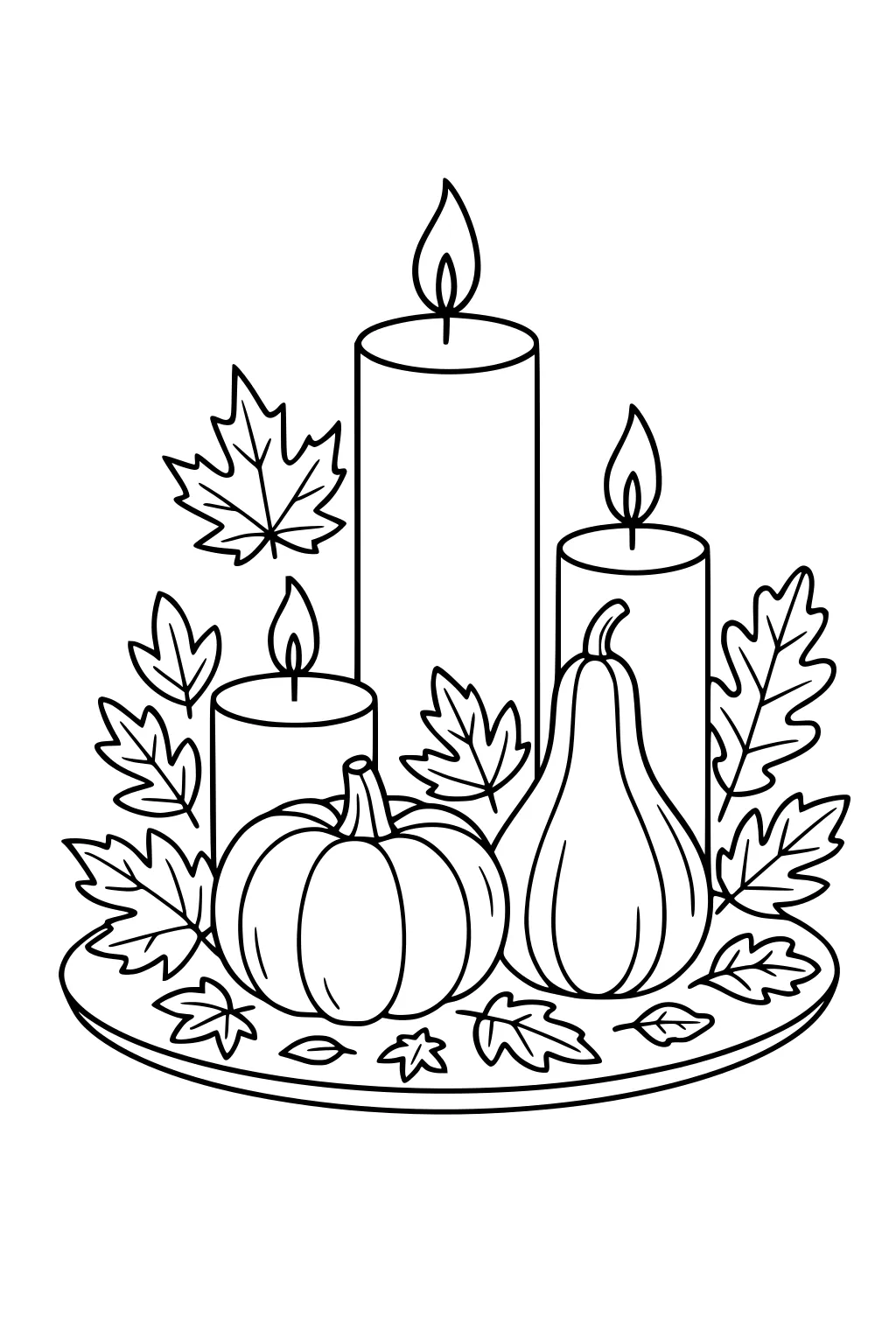 Three lit candles with a pumpkin, gourd, and maple and oak leaves on a round tray; simple Thanksgiving centerpiece line art.