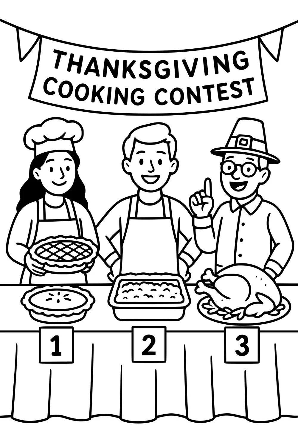 Thanksgiving cooking contest with three cooks at a table, numbered pie, casserole, and roast turkey; Pilgrim-hat man points.