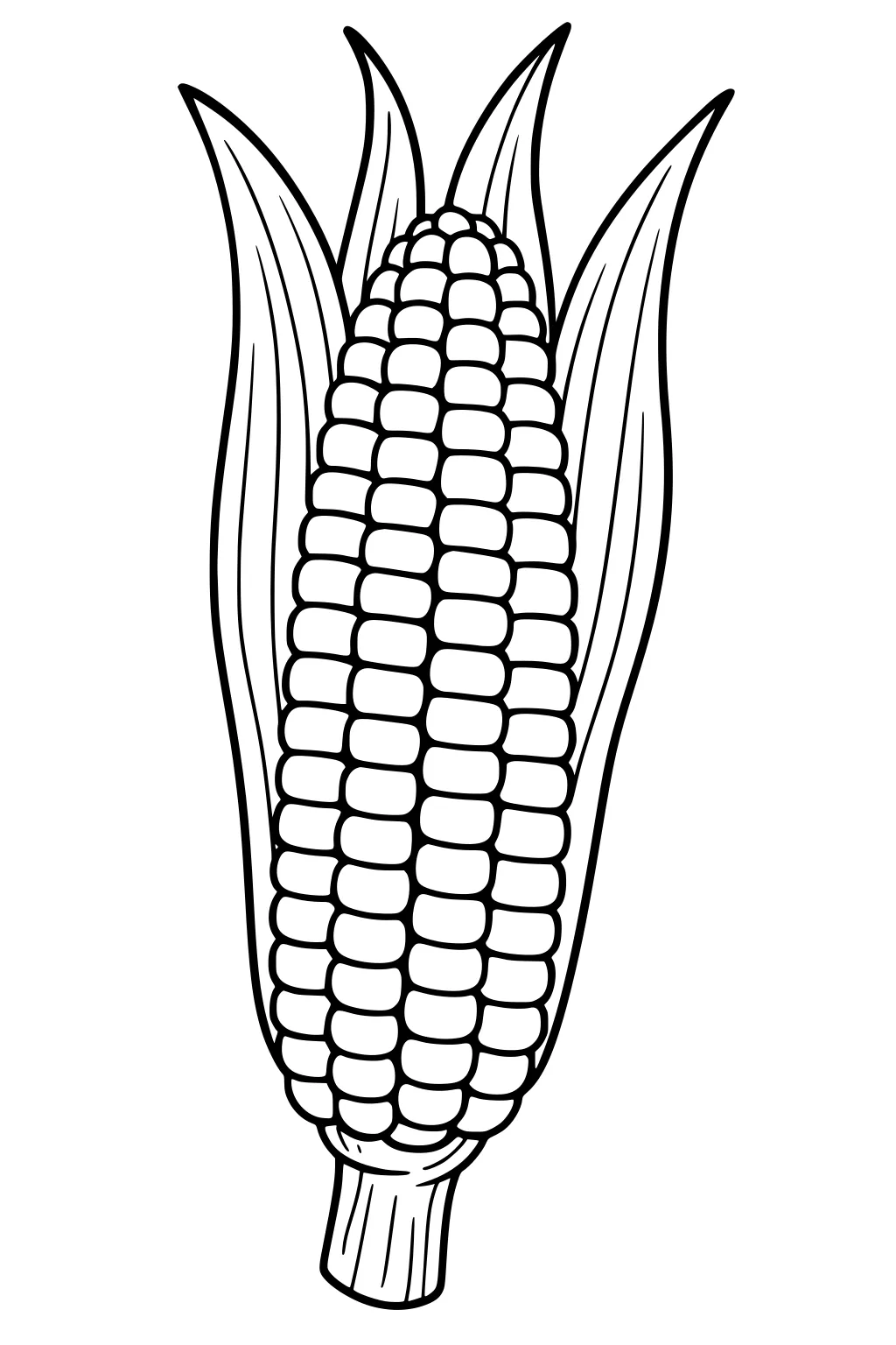 Line art ear of corn with husks pulled back, many rounded kernels in rows, short stem at bottom.