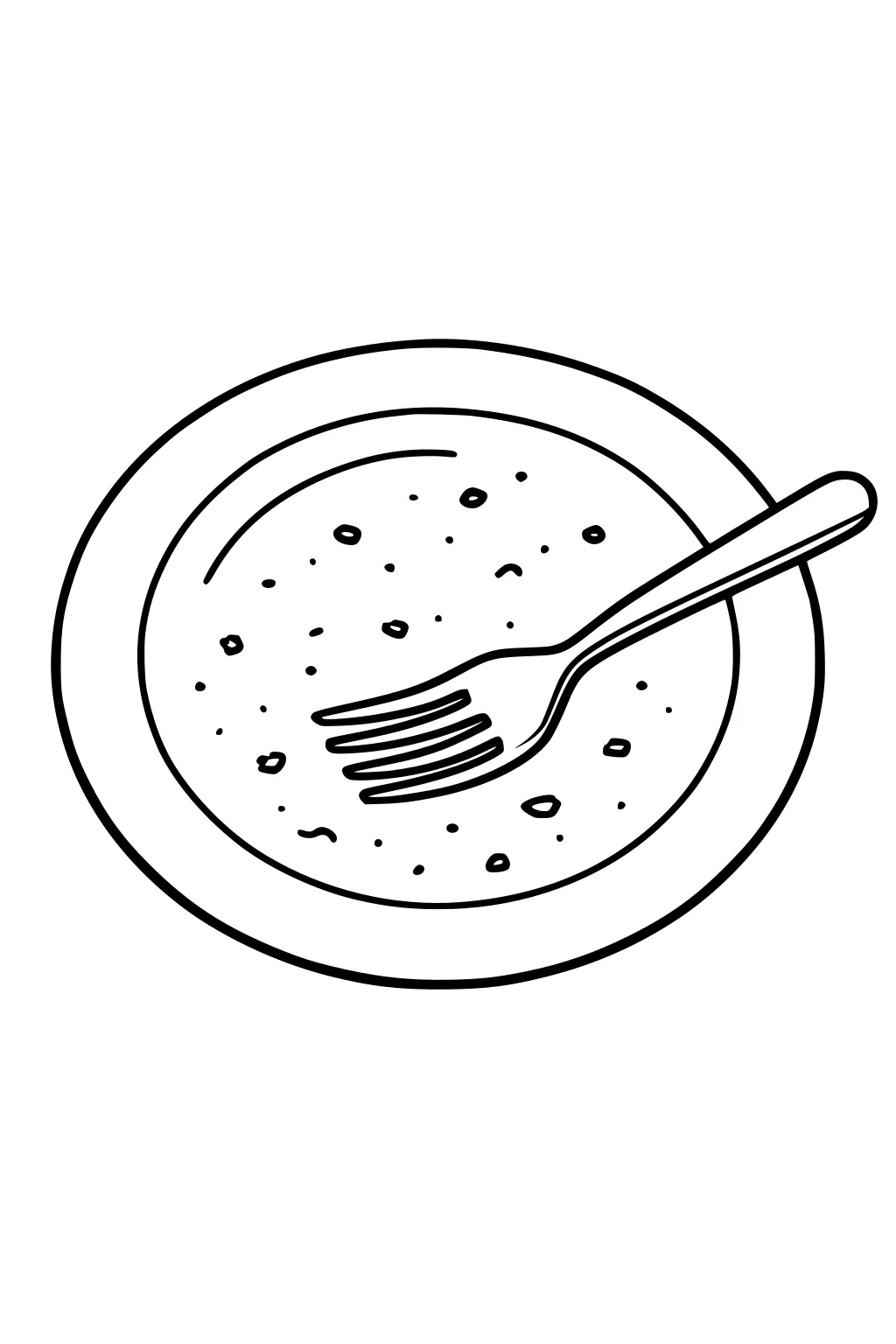 Line drawing of a round plate with crumbs and a fork resting across it on a blank background.