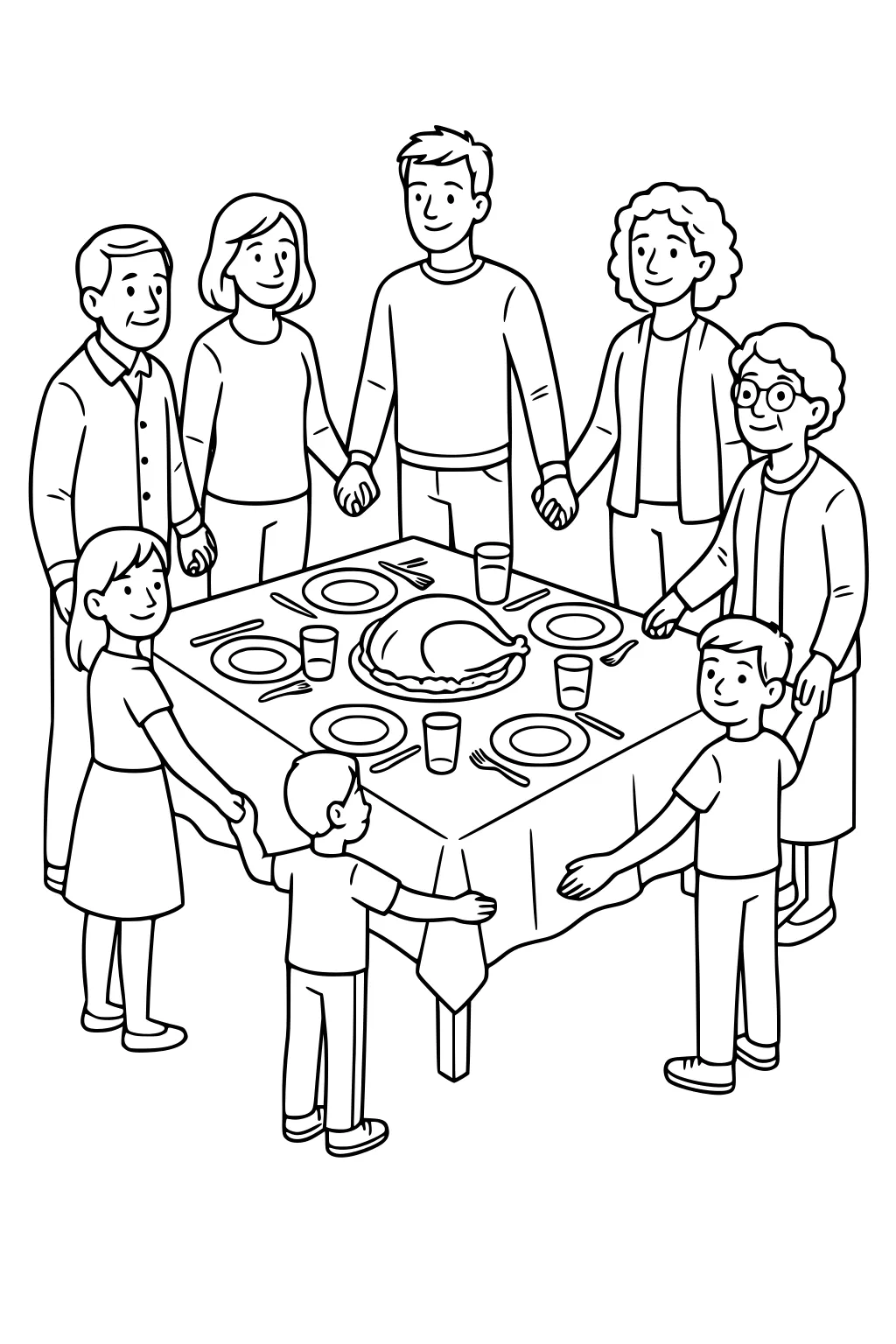 Family of adults and children holding hands around a Thanksgiving table with a roast turkey, plates, forks, knives, and cups.