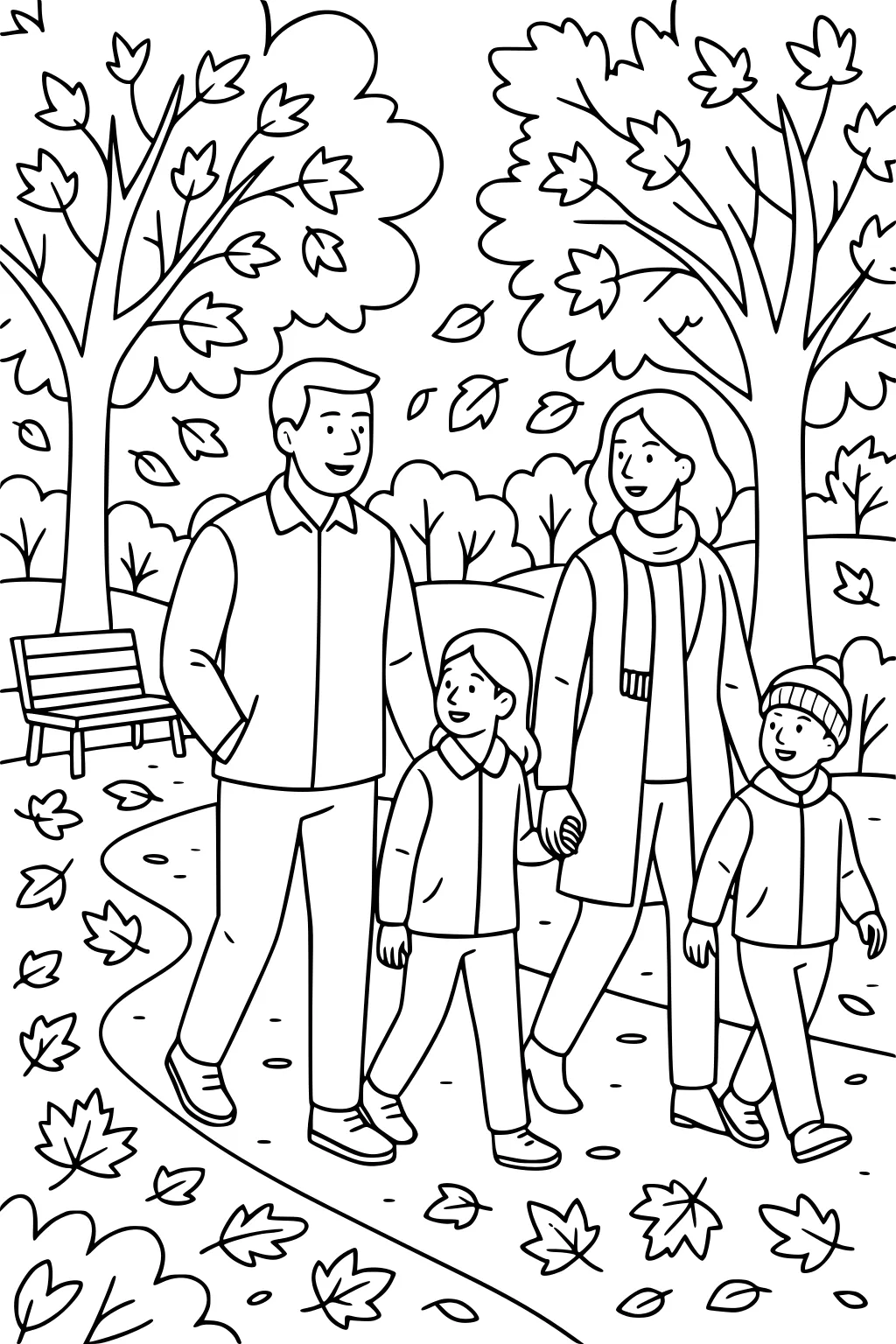 Family of four walks along a leaf-strewn park path with trees and a bench; mom holds girl's hand; boy wears a beanie.