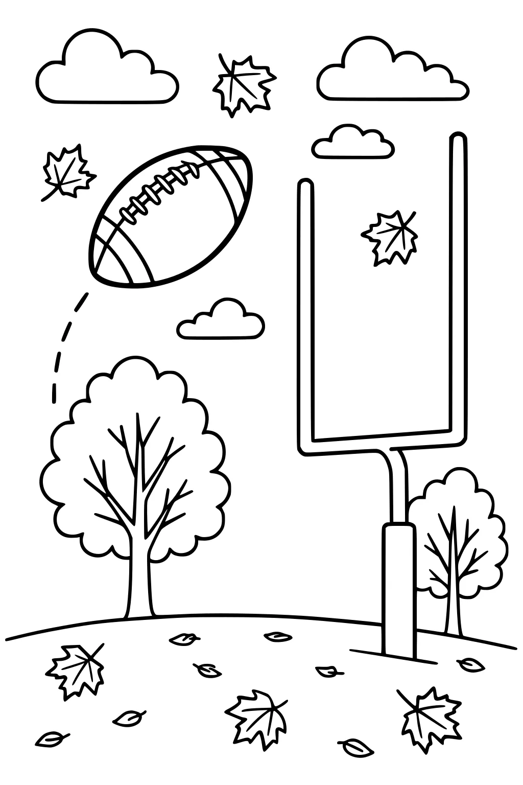 Football flying to a goalpost in a fall park with trees, puffy clouds, and leaves on the ground and swirling in the air.