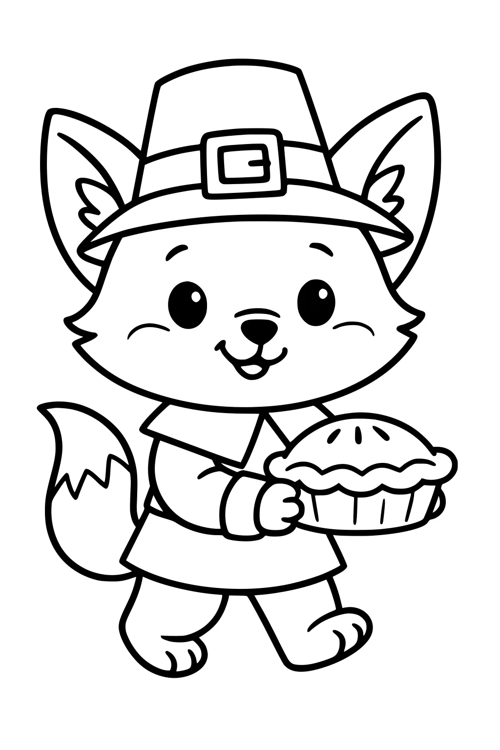 Smiling cartoon fox in a Pilgrim hat walks holding a pie with crimped crust; wearing a tunic with cuffs and a fluffy tail.