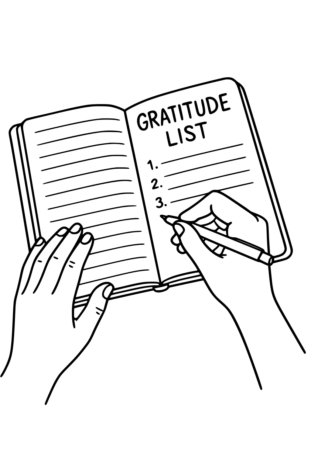 Open journal titled Gratitude List with numbered lines; small hands hold and write with a pen, ready to list three Thanksgiving thanks.