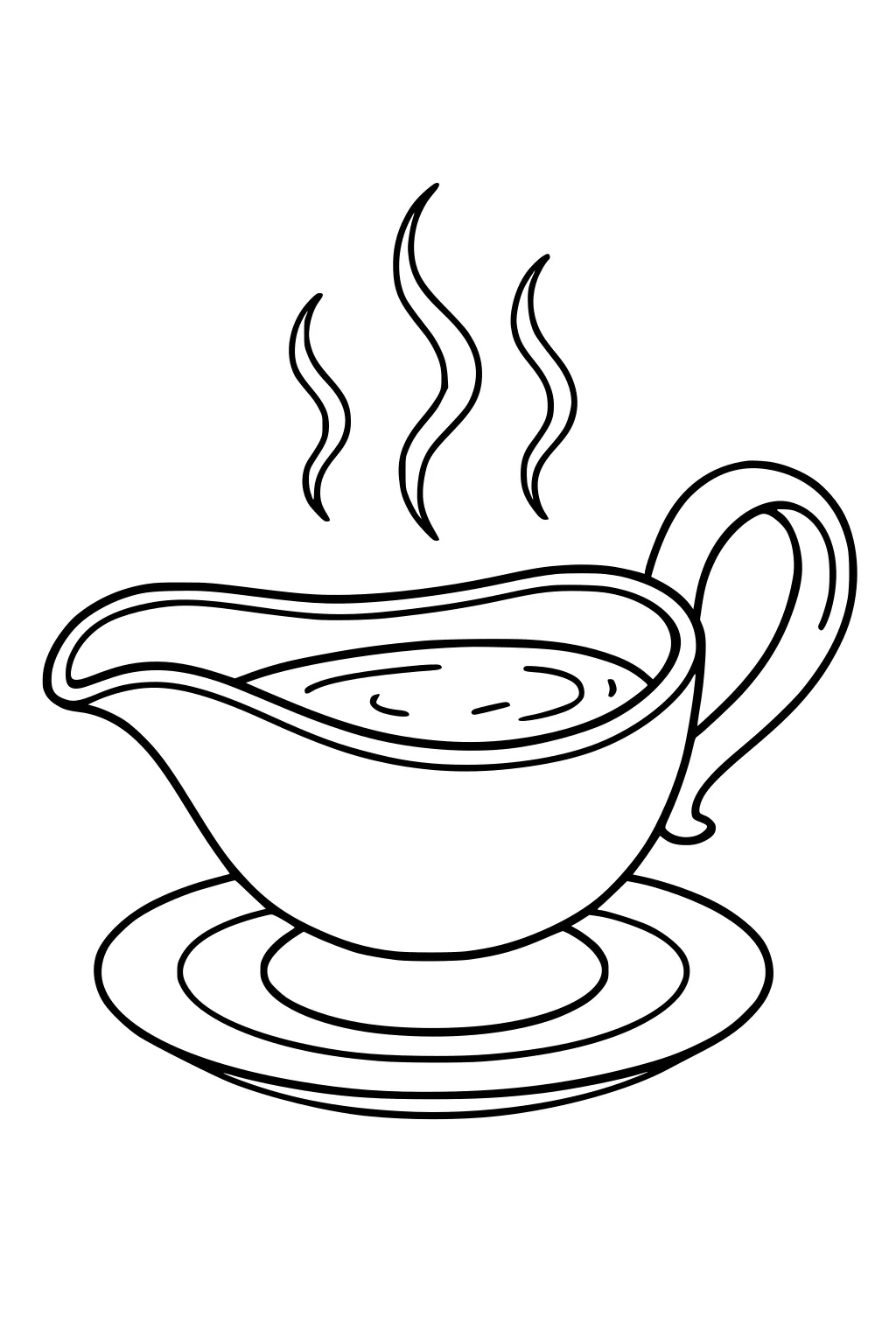 Steaming gravy boat on a saucer with a curved handle and spout; simple outlines with wavy steam lines above the warm gravy.