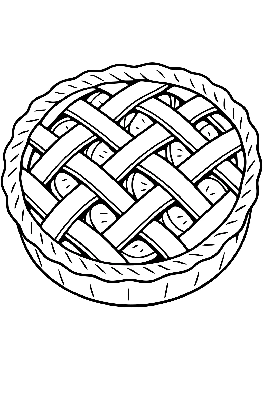 Round pie with woven lattice top and crimped edge in a tin, fruit slices peeking through the openings.