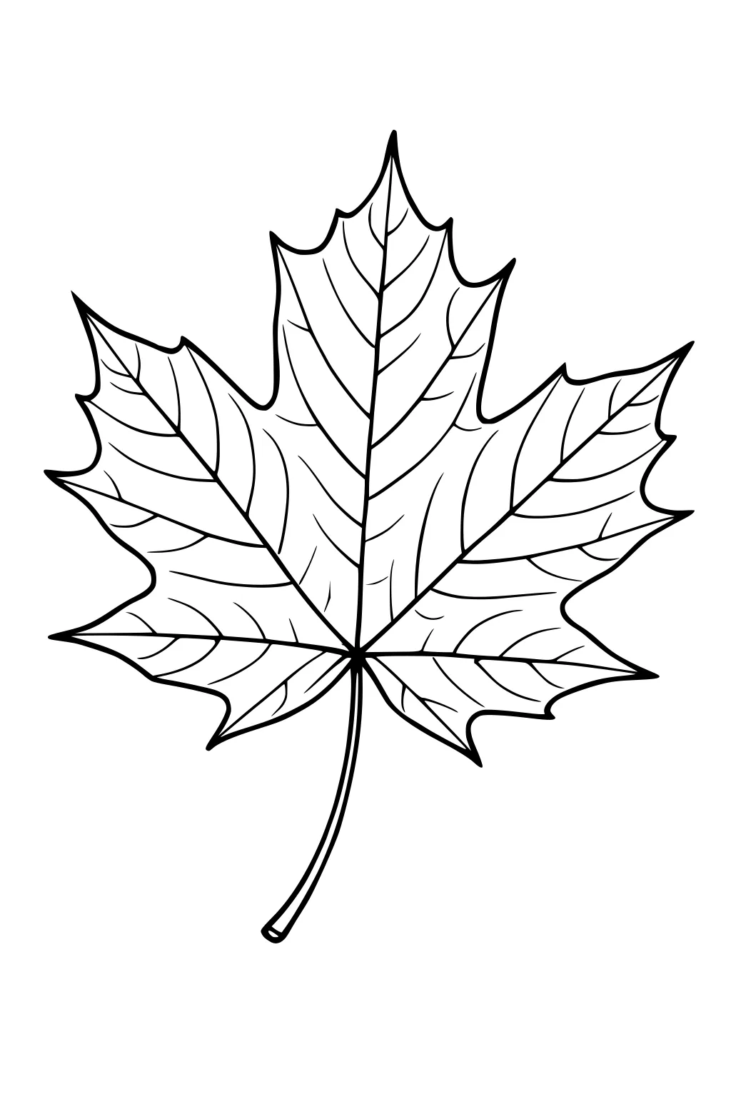 Simple outline of one maple leaf with five pointed lobes, curved stem, and branching veins, centered on a plain page.