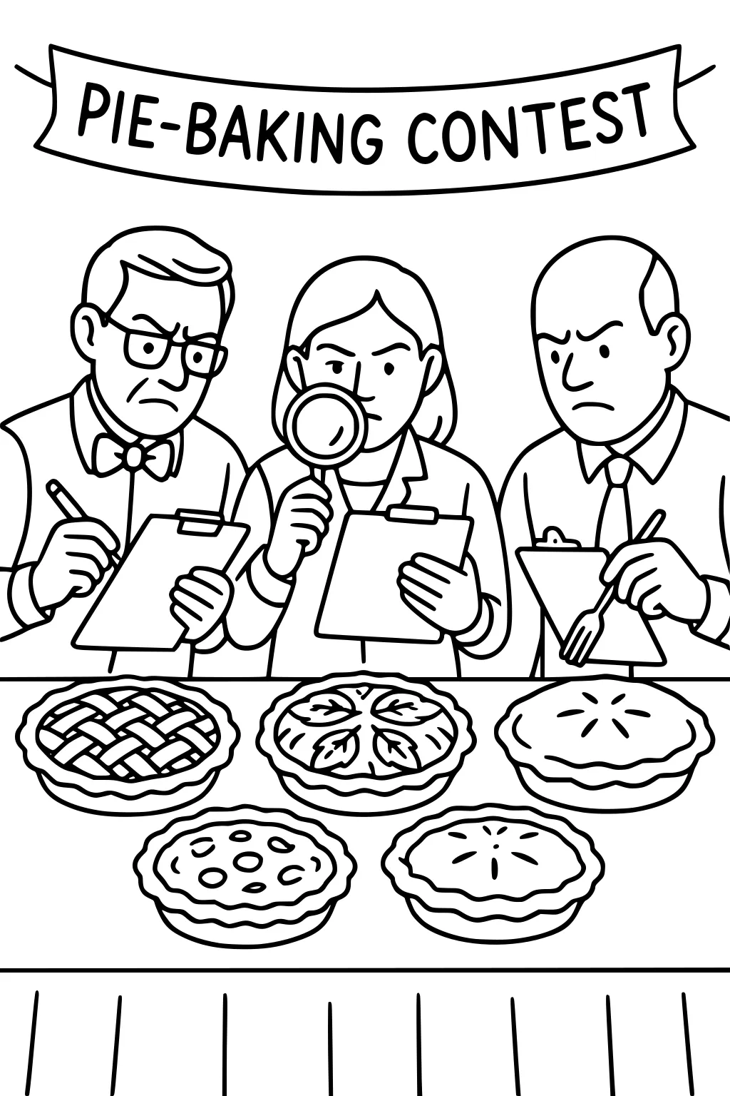 Three judges at a pie-baking contest inspect six pies with clipboards, a magnifying glass, and a fork beneath a banner.