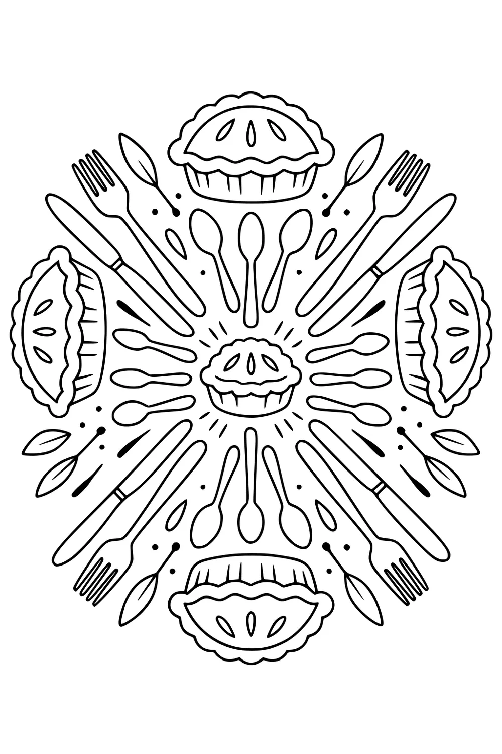 Circular Thanksgiving mandala with a small center pie, four larger pies, and radiating spoons, forks, knives, leaves, and dots.