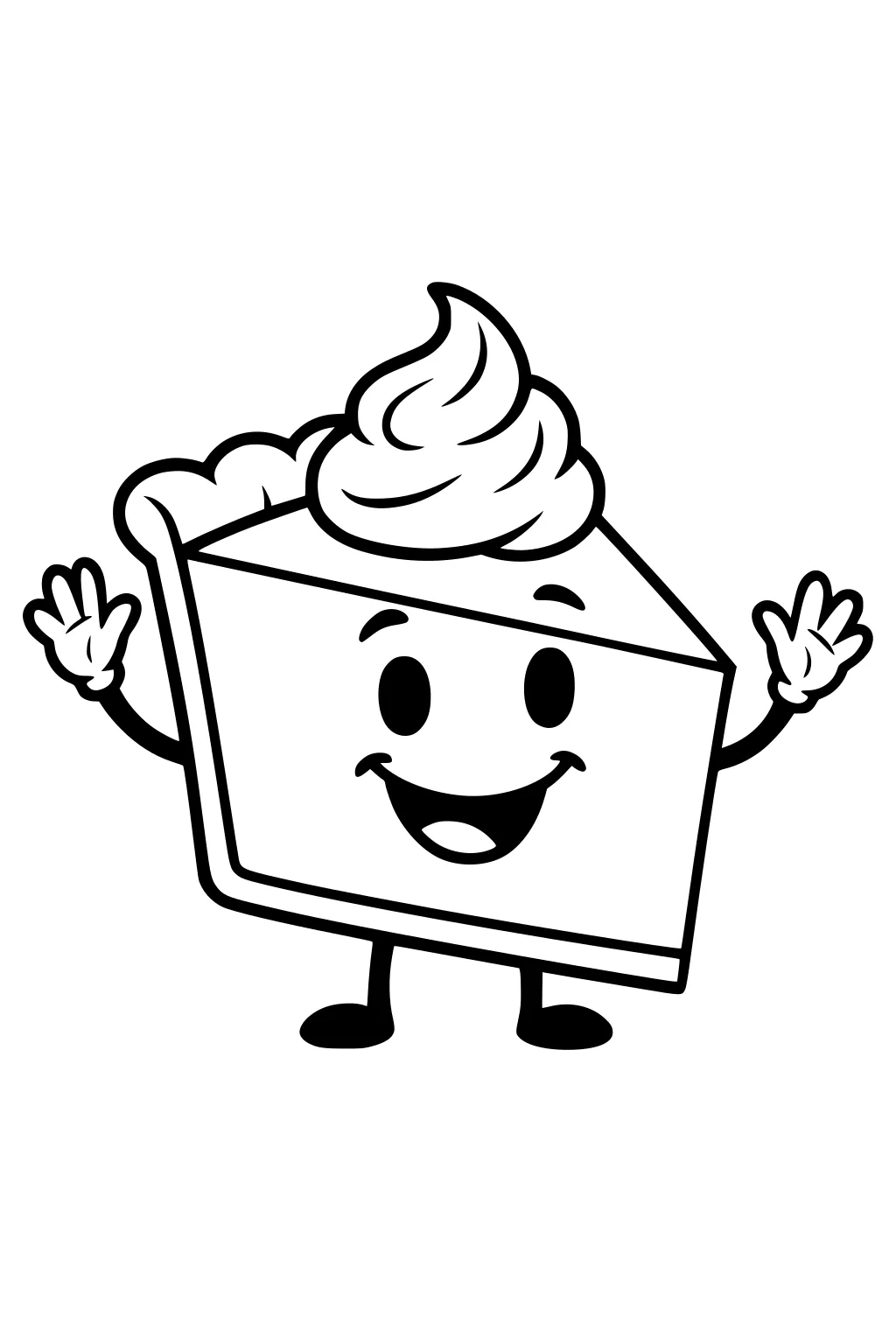 Smiling cartoon pie slice with whipped cream on top, waving with both hands and standing on little feet, bold outlines.