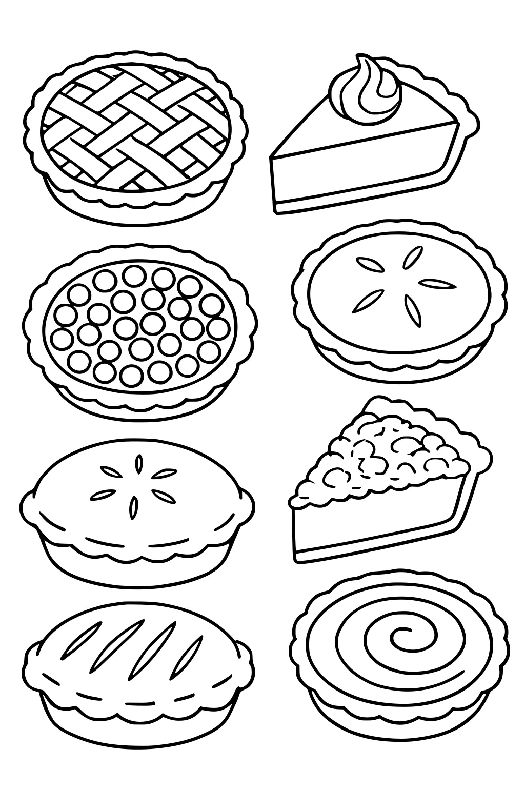 Eight Thanksgiving pies: lattice, berry dots, pumpkin vents, two lidded pies with slits, spiral tart, plus two slices.
