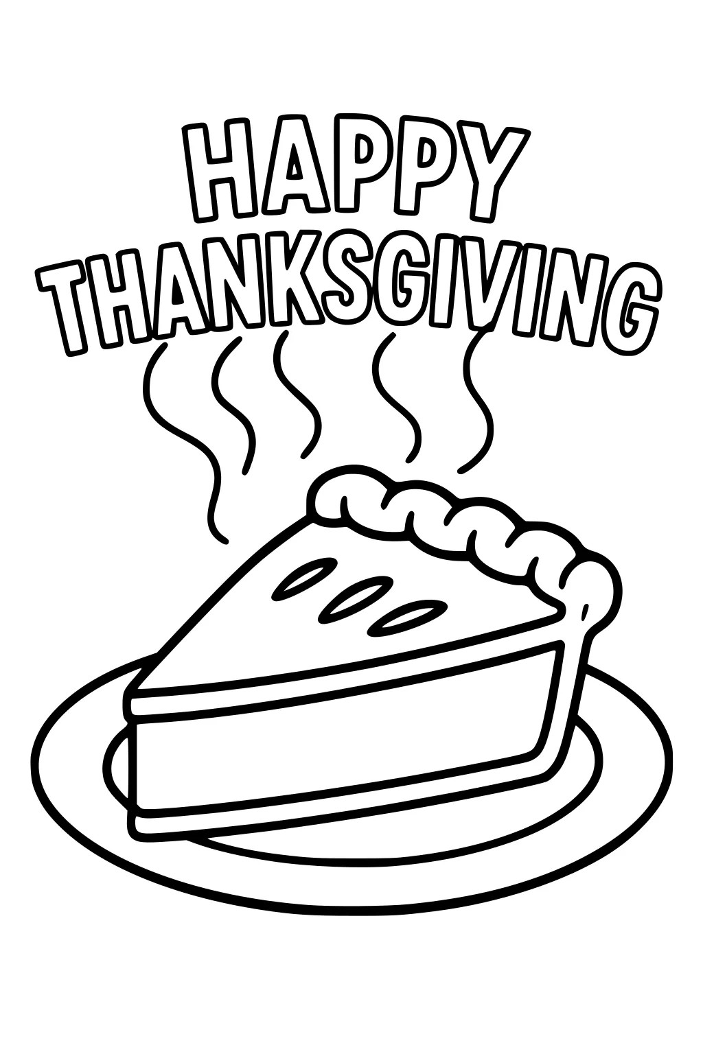 Steaming slice of pie on a plate with crimped crust and three vents, under bold HAPPY THANKSGIVING letters.