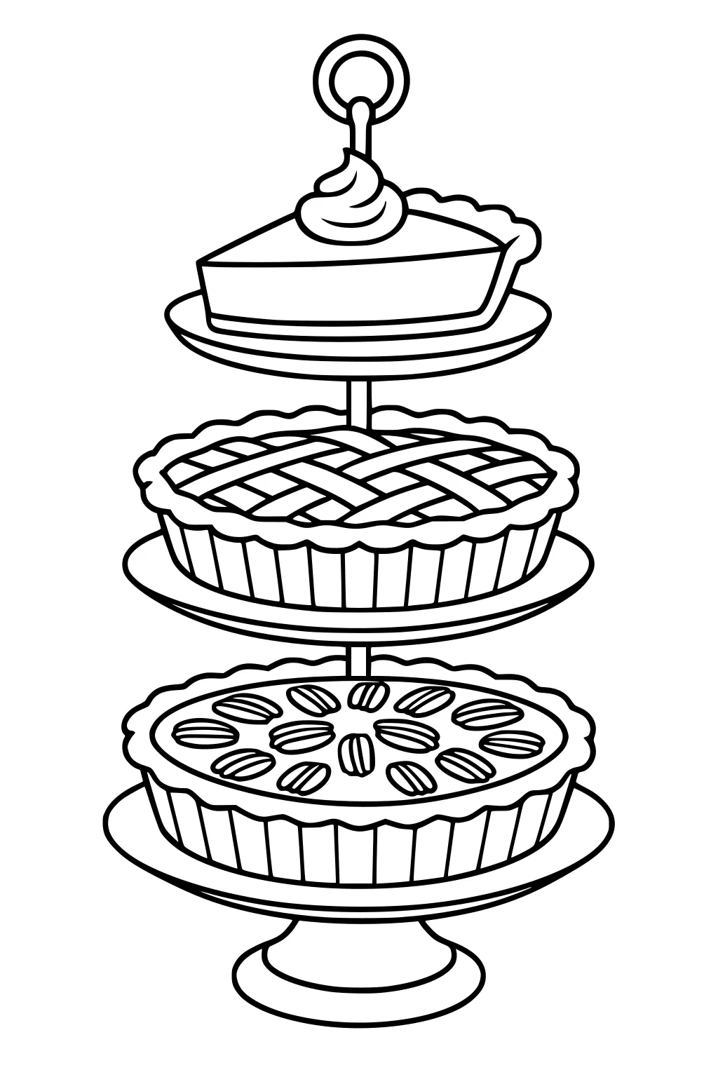 Three-tier dessert stand with whip-topped pie slice on top, lattice pie in the middle, and pecan pie on the bottom, on a pedestal base.