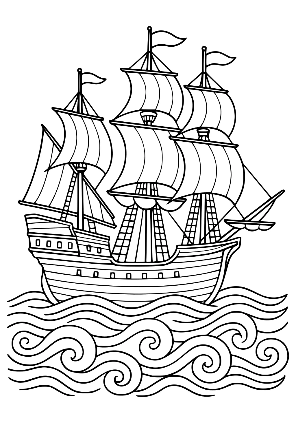 Three-masted wooden ship with billowing sails and flags on swirling waves; detailed hull, windows, and ropes in black outline.