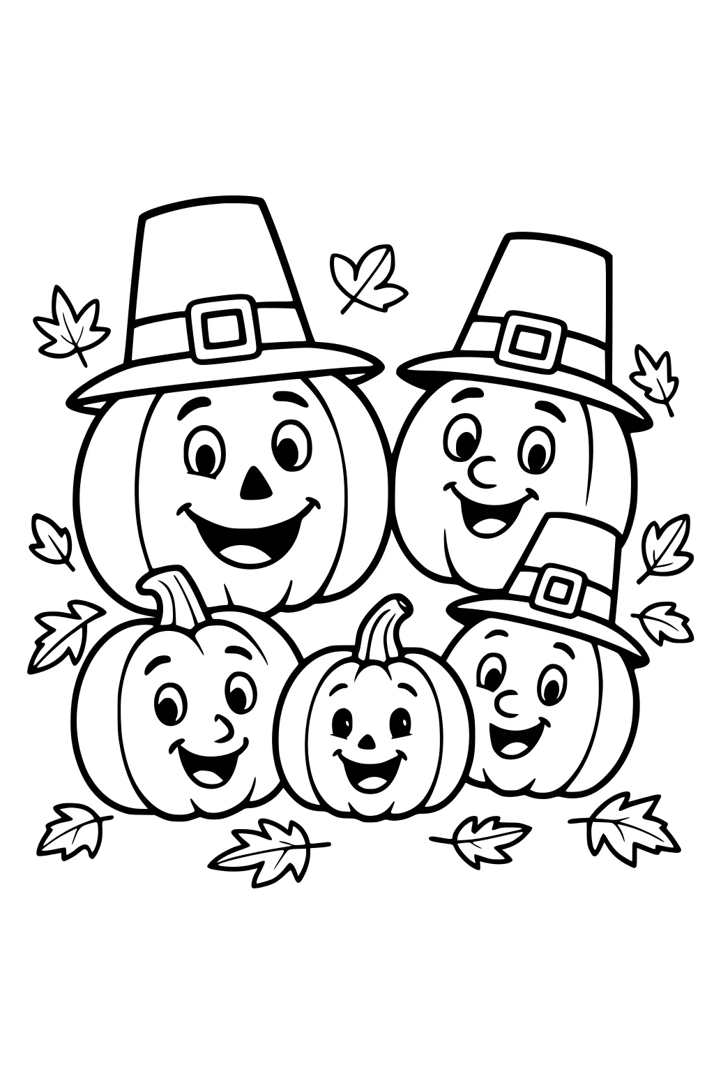 Five smiling pumpkins; three wear pilgrim hats with buckles; falling autumn leaves surround them in a simple cartoon outline.