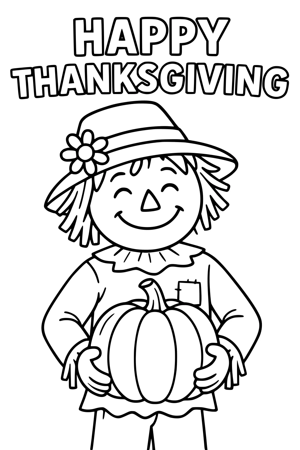 Smiling girl scarecrow in a flowered hat holding a large pumpkin, with HAPPY THANKSGIVING bubble letters above.