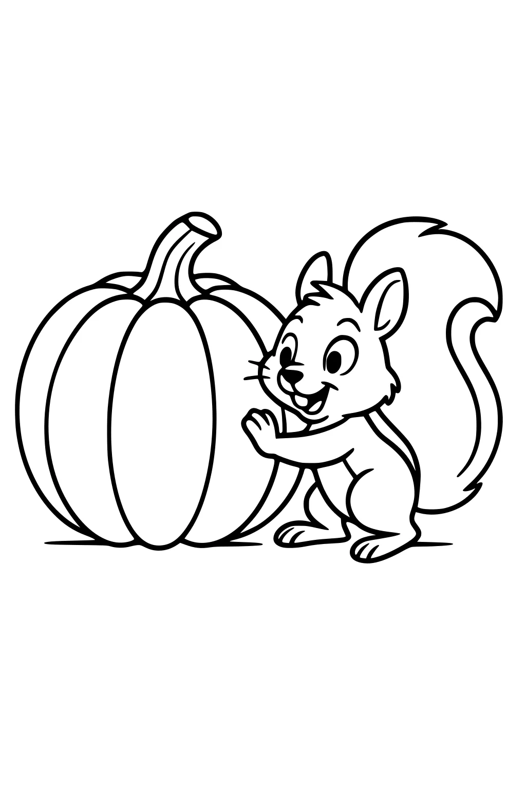 Smiling cartoon squirrel with fluffy tail hugs a large pumpkin with a curved stem, drawn in bold outlines and open spaces.