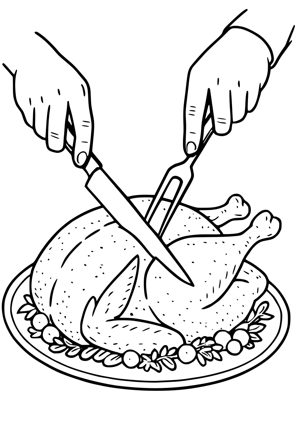 Hands carve a roast Thanksgiving turkey on a platter with cranberries and leafy herbs, knife and fork over the breast.