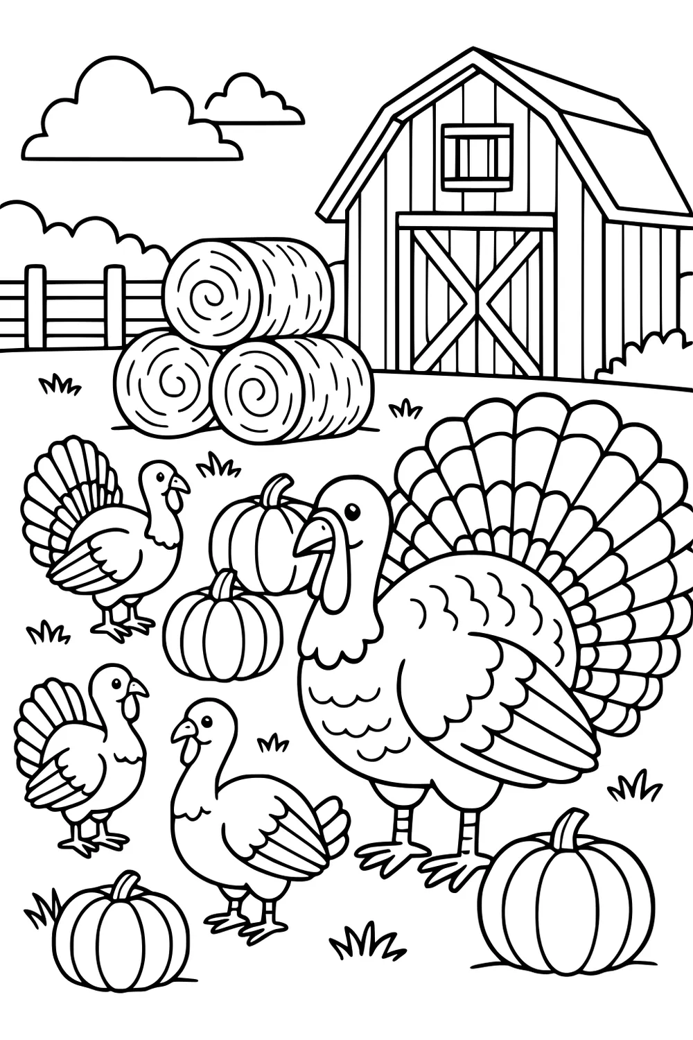 Large tom turkey with fanned tail, three smaller turkeys, pumpkins, hay bales, and a barn with fence under clouds.