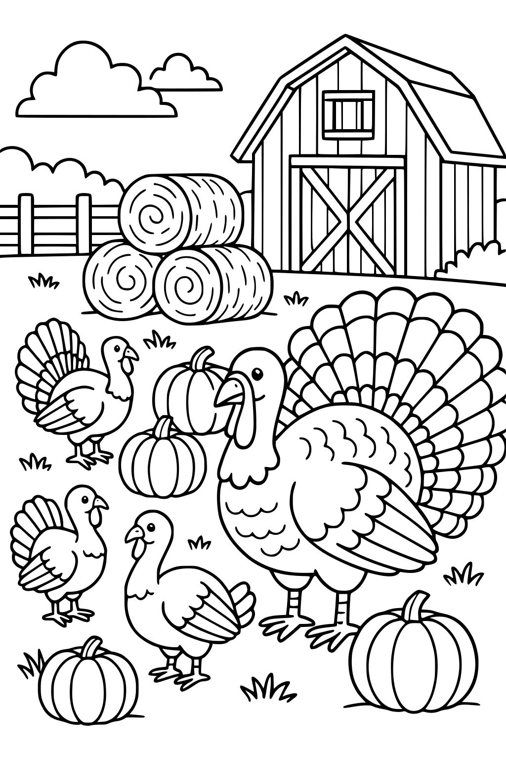 Large tom turkey with fanned tail, three smaller turkeys, pumpkins, hay bales, and a barn with fence under clouds.
