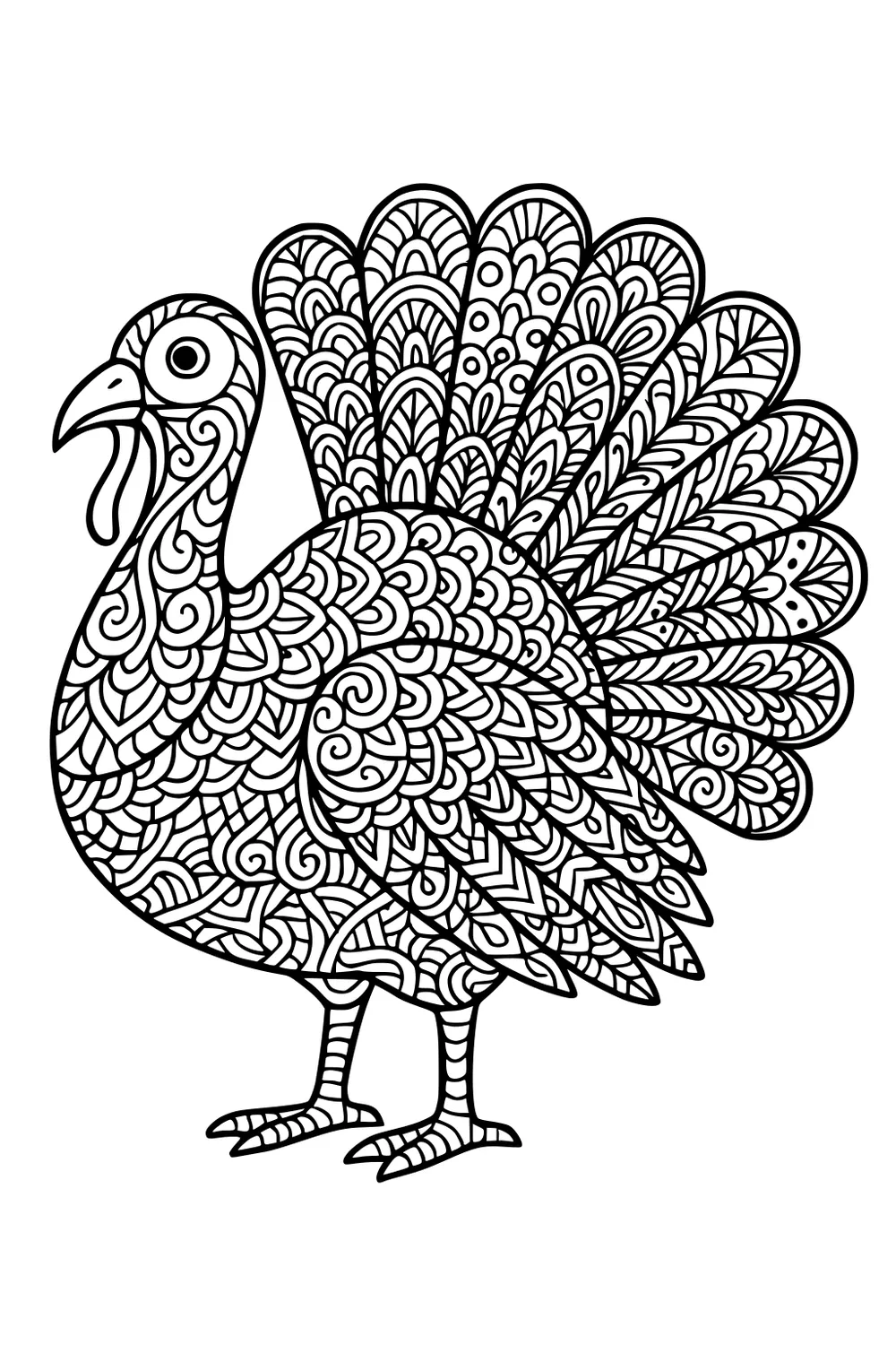 Turkey outline with patterned body and big fan tail, round eye, beak and wattle, standing on two feet, blank background.
