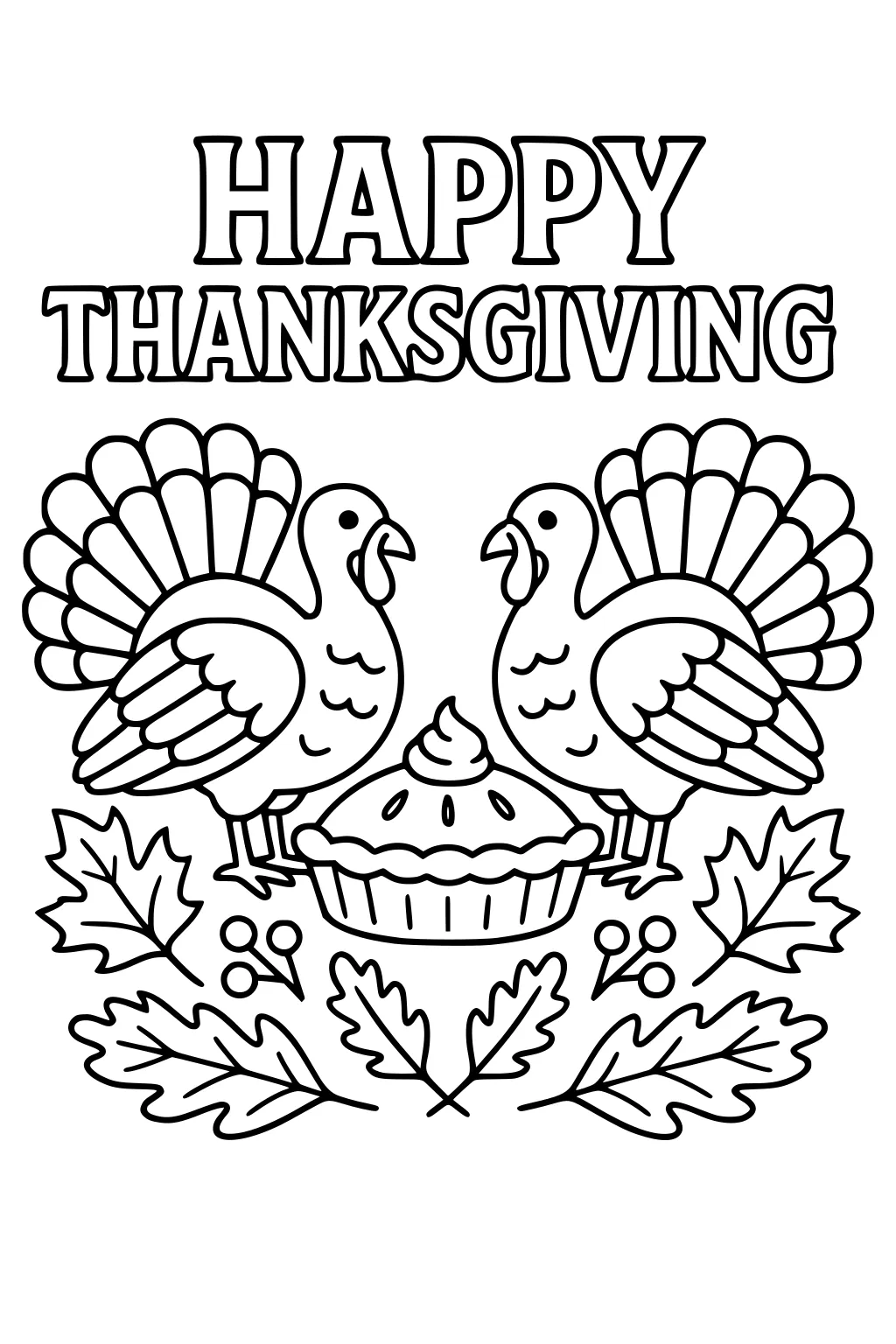 Two turkeys face a pumpkin pie under Happy Thanksgiving text, surrounded by autumn leaves and berries.