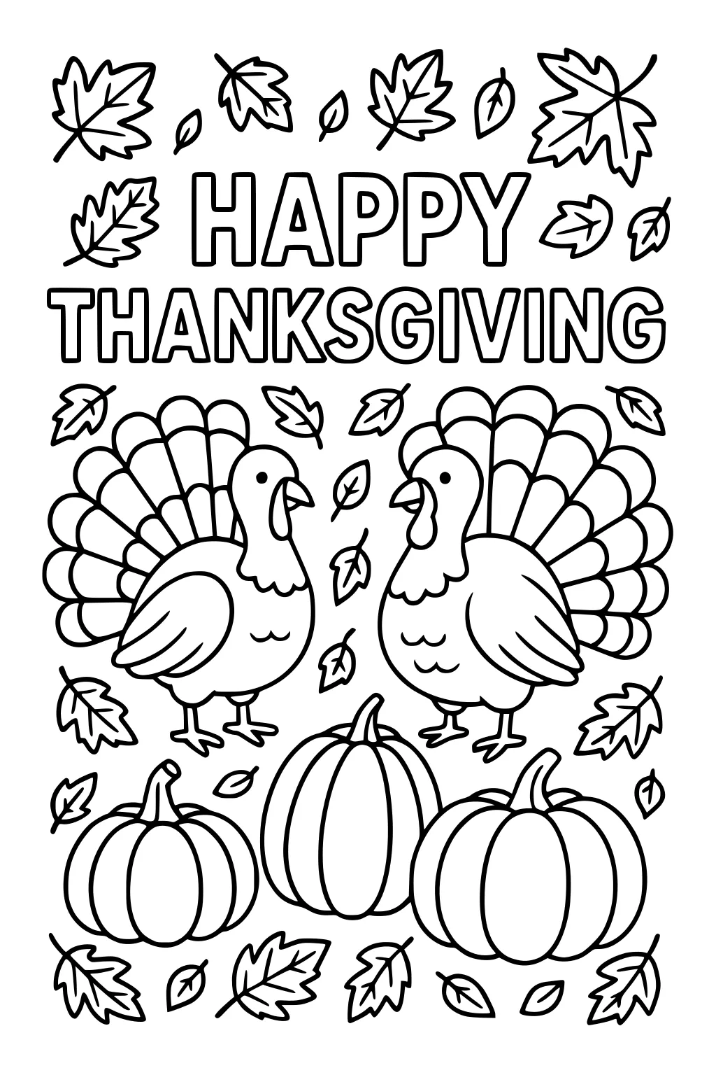 Two turkeys with fanned tails, three pumpkins, and falling leaves beneath HAPPY THANKSGIVING in big bubble letters.