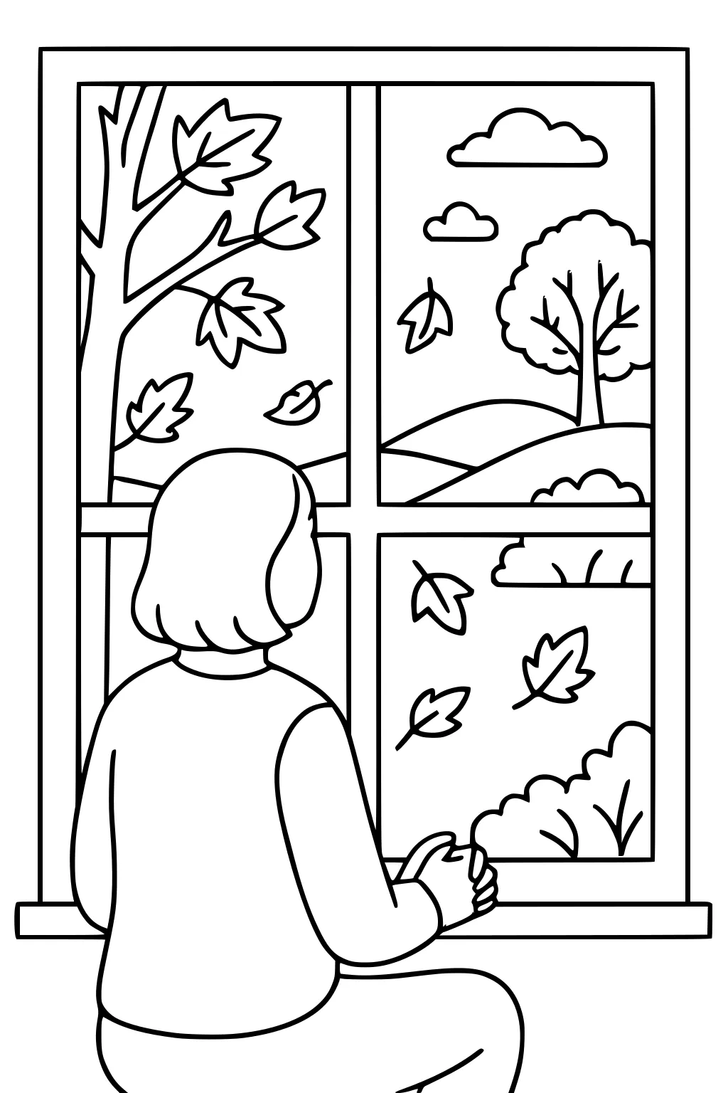 Girl sits at a window watching autumn leaves blow past trees, clouds, hills, and bushes framed in four panes.