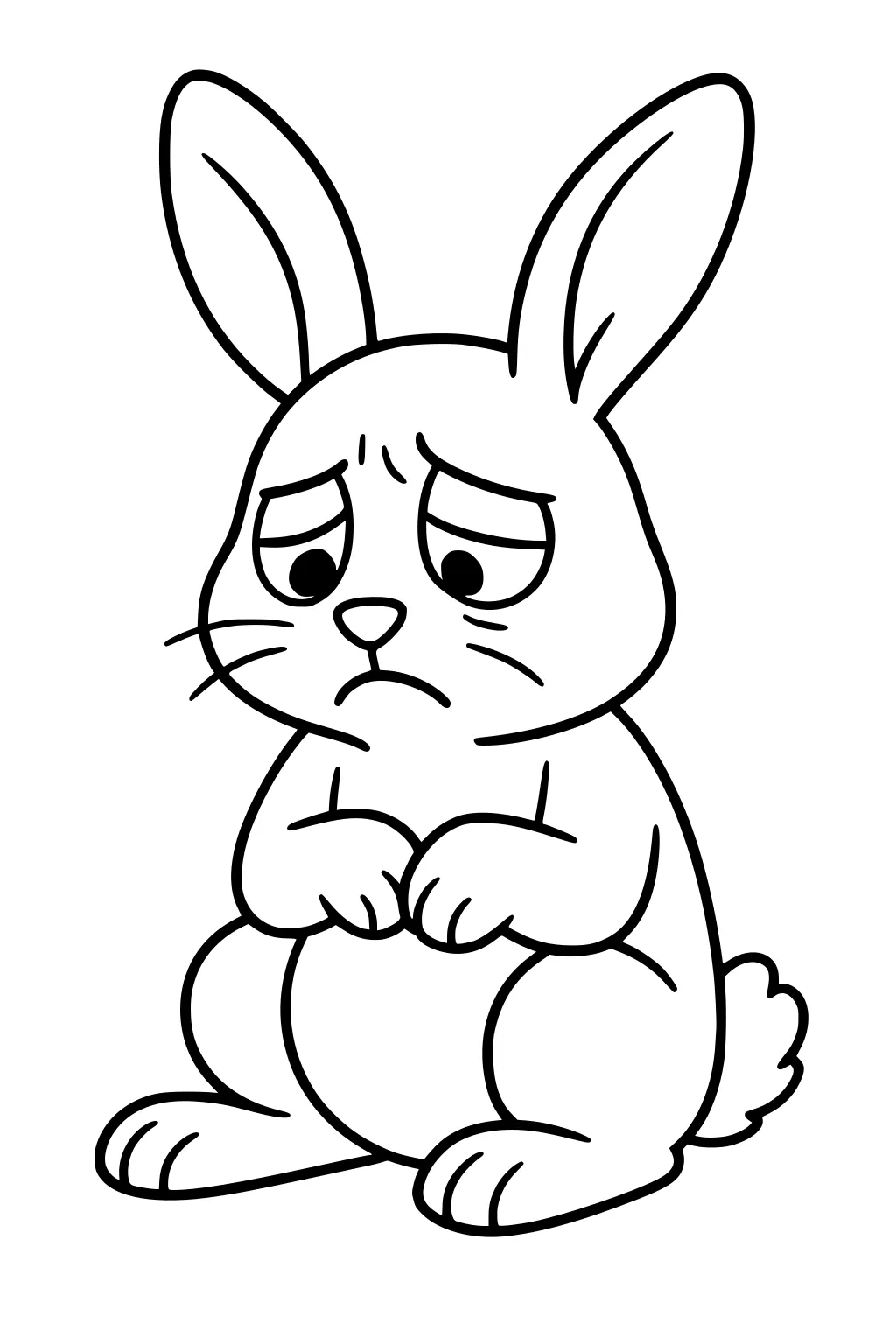 Sad rabbit sitting with its paws together, ears up, and a frown on its face.