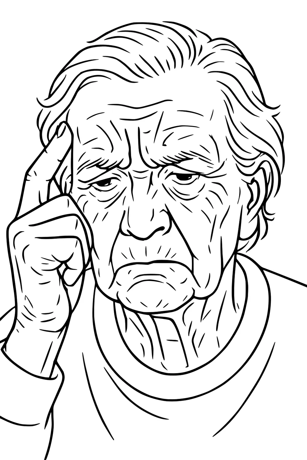 Elderly man portrait with hand at temple, deep wrinkles, wavy hair, thoughtful face, and sweatshirt collar, black-and-white line art.