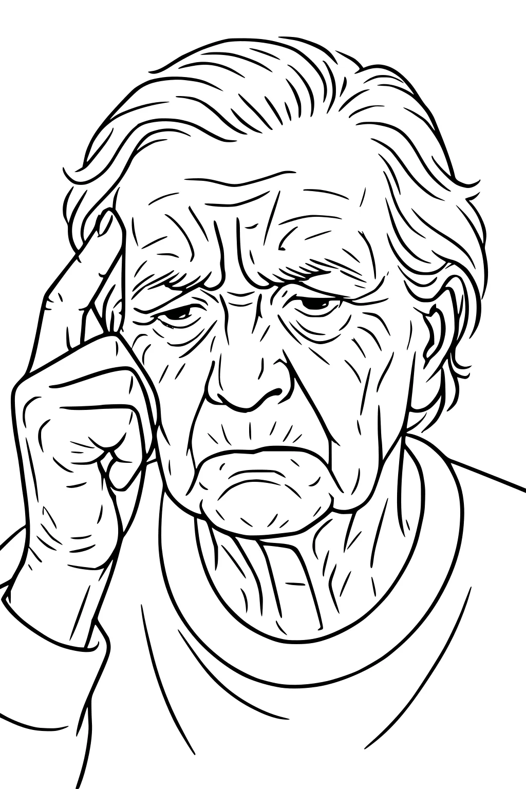 Elderly man portrait with hand at temple, deep wrinkles, wavy hair, thoughtful face, and sweatshirt collar, black-and-white line art.