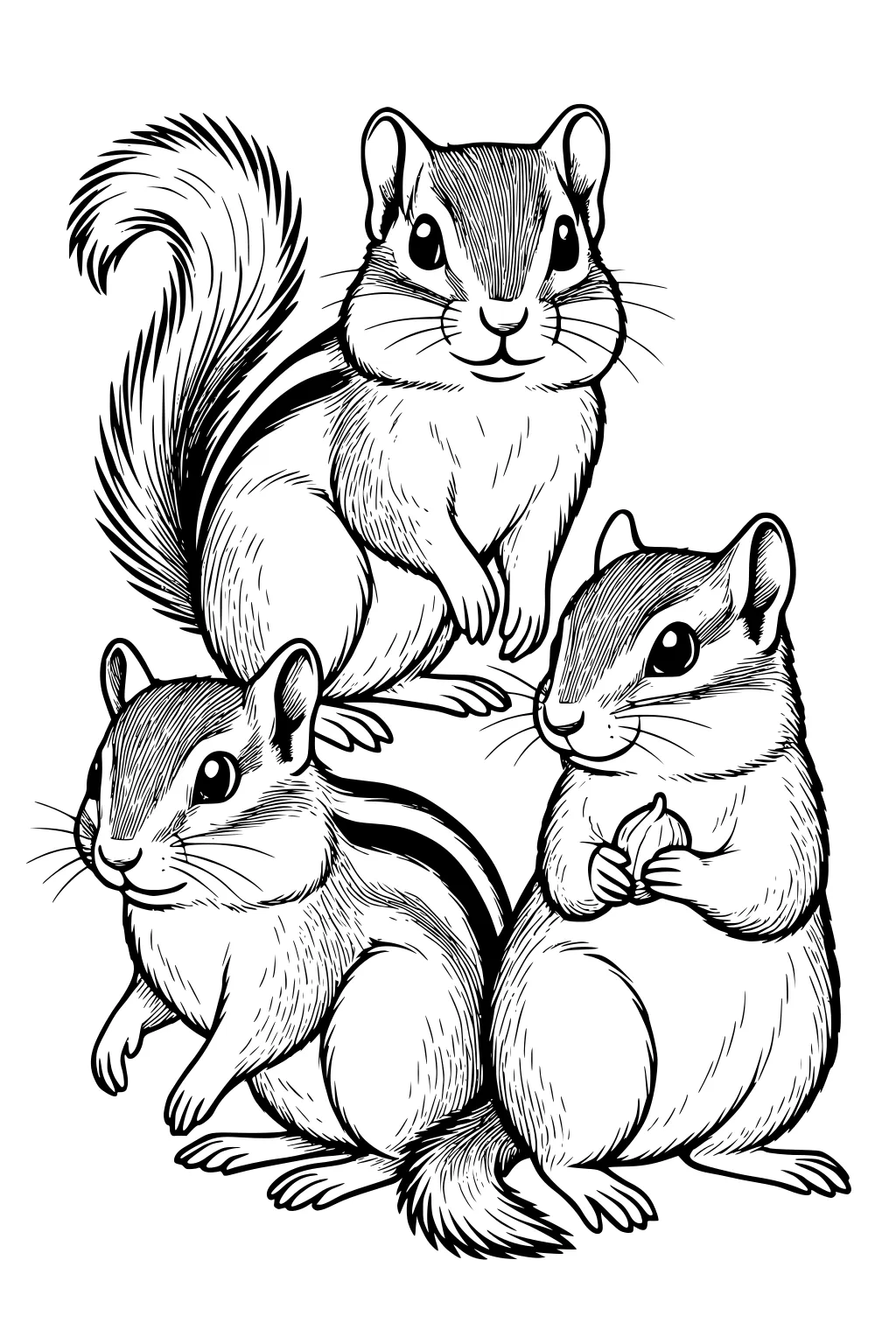 Three chipmunks with striped backs, bushy tails, and one holding an acorn, sitting together in a group.
