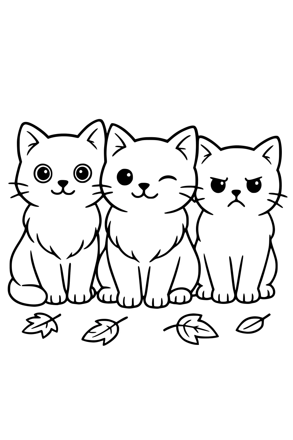 Three kittens sitting together with happy, winking, and grumpy faces, surrounded by five scattered leaves.