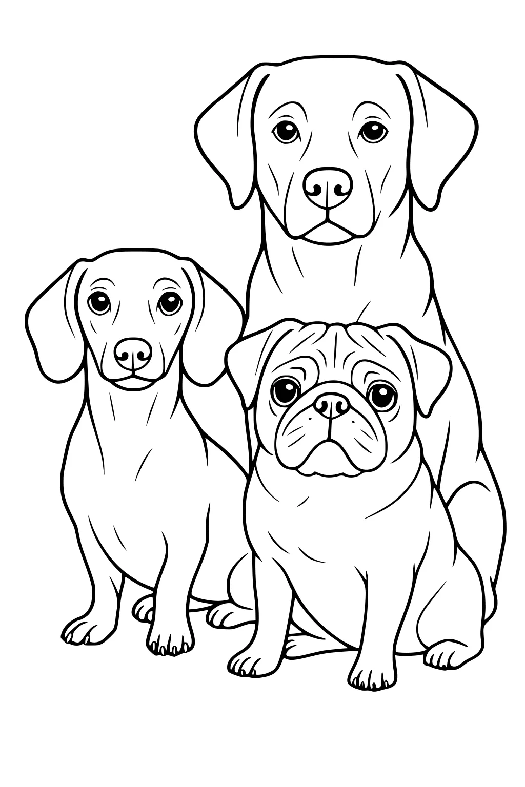 Three different dog breeds sitting side by side: a Labrador, dachshund, and pug, all looking forward.