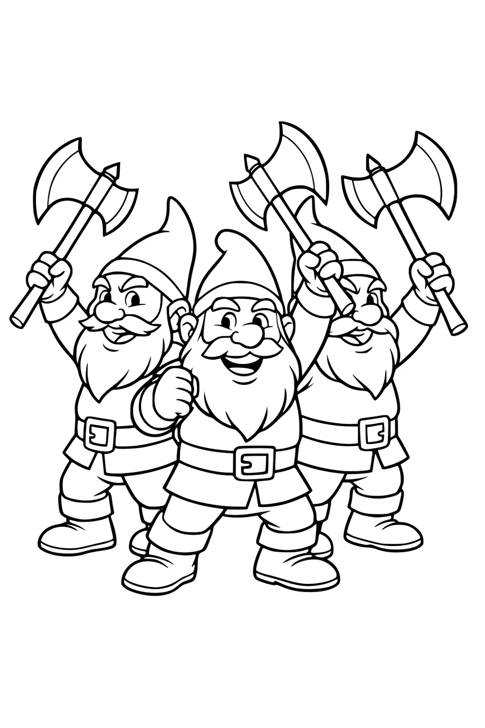 Three bearded dwarf brothers in pointy hats lift double-headed axes, smiling, with belts and boots in bold cartoon outlines.