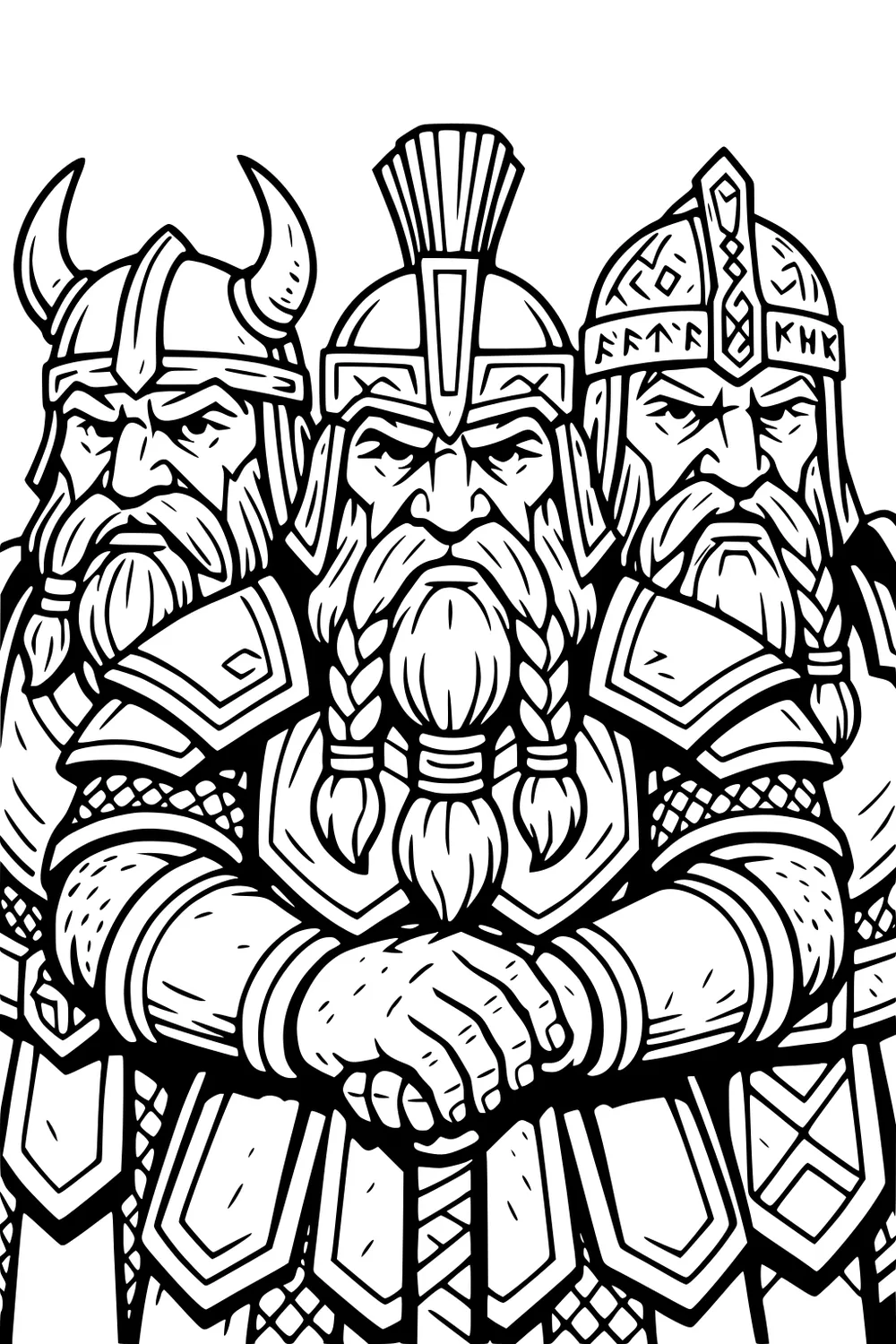 Three armored dwarf warriors; center has braided beard and folded hands, sides wear horned and rune helmets with detailed plate and mail.