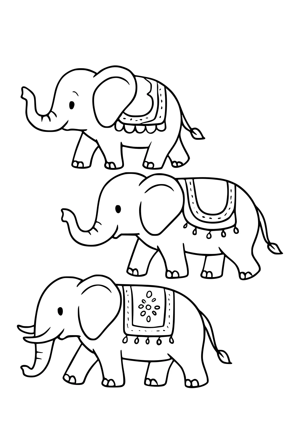 Three smiling elephants in a line, each with patterned blankets and tassels on their backs, drawn with simple outlines.