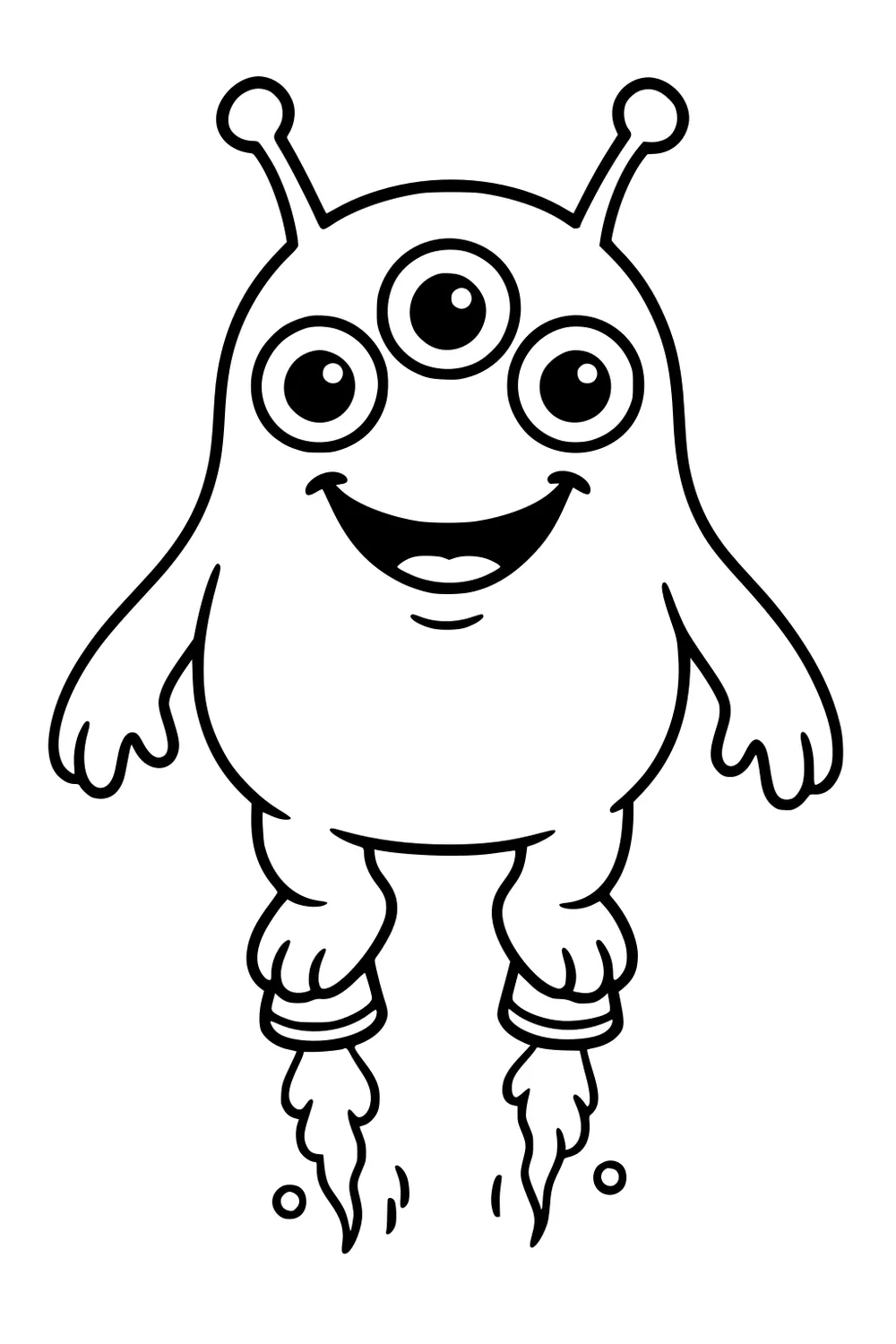 Smiling three-eyed monster with two antennas hovers on rocket boots, bold outlines, flames and sparks shooting down.