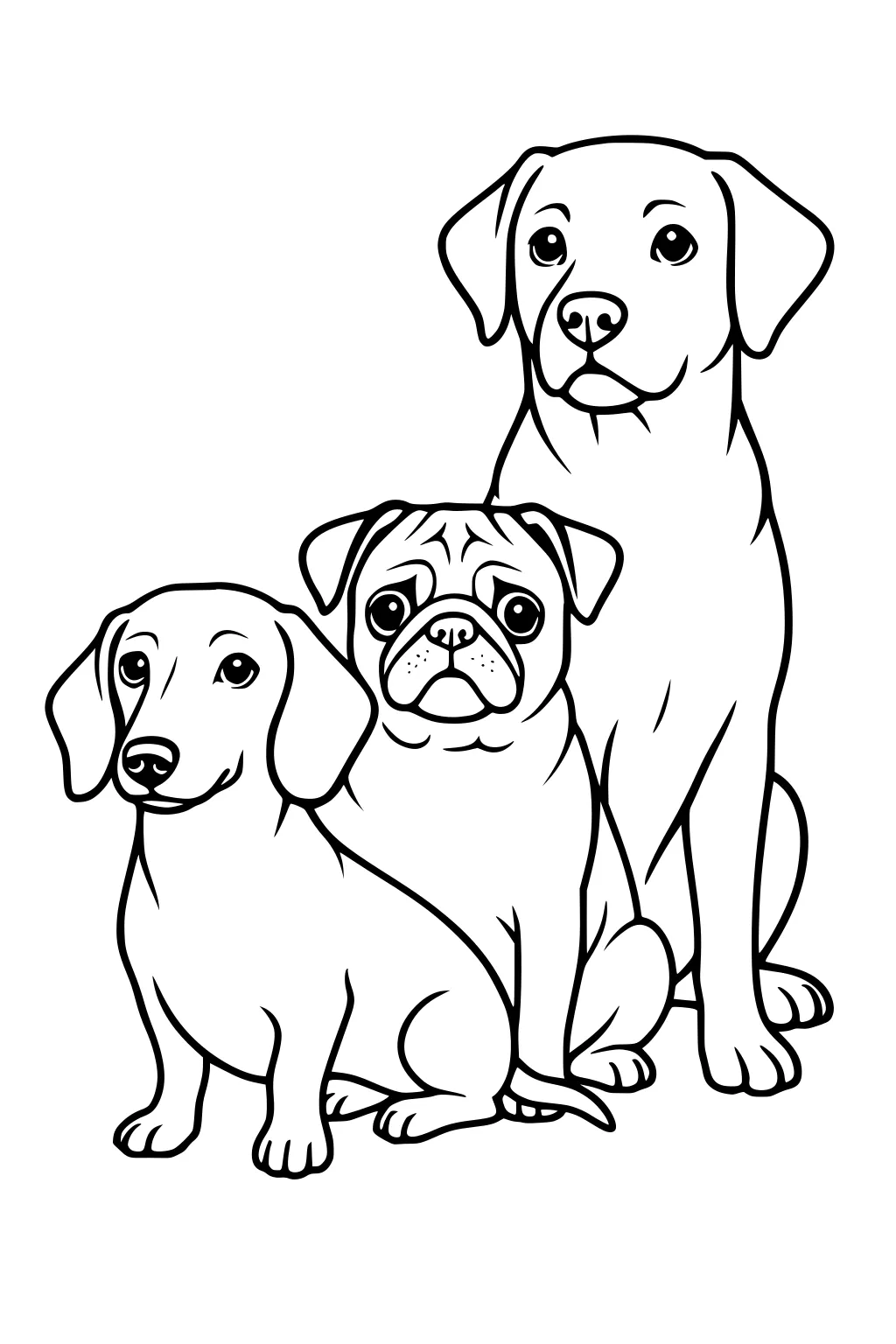 Three dogs sitting close together: a tall dog, a Dachshund, and a Pug, all looking forward.