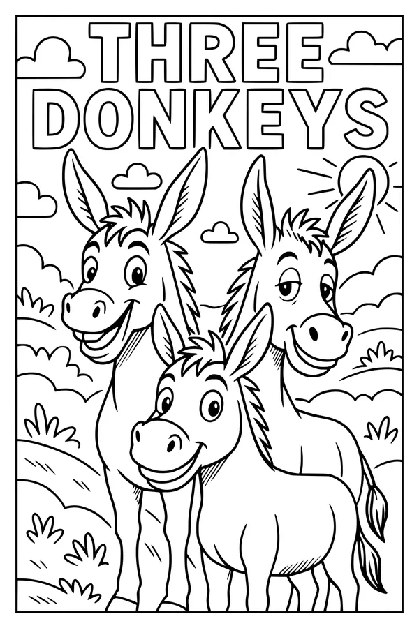 Three Cheery Donkeys in the Sunny Field