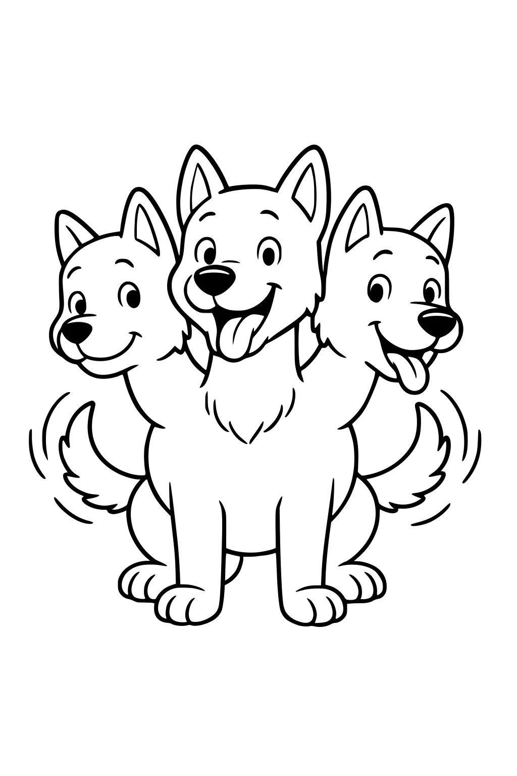 Cartoon three-headed dog sitting with two wagging tails, all three heads smiling with tongues out and pointy ears.