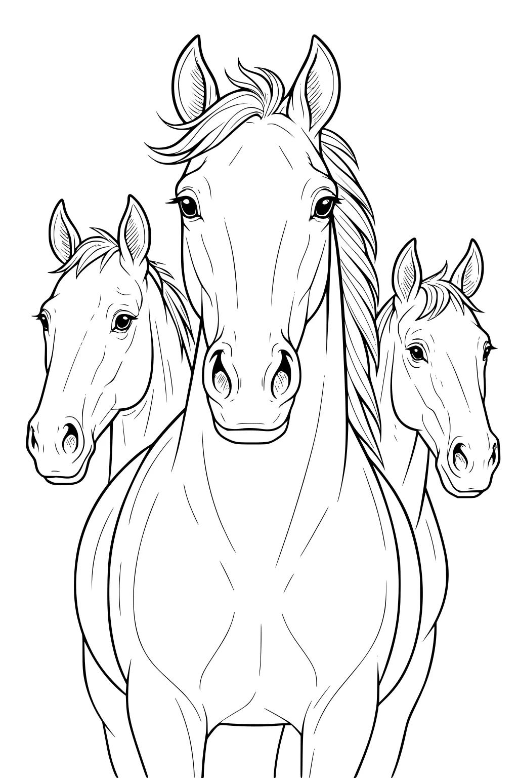 Three horses with long faces and manes, standing side by side, looking forward with alert ears.
