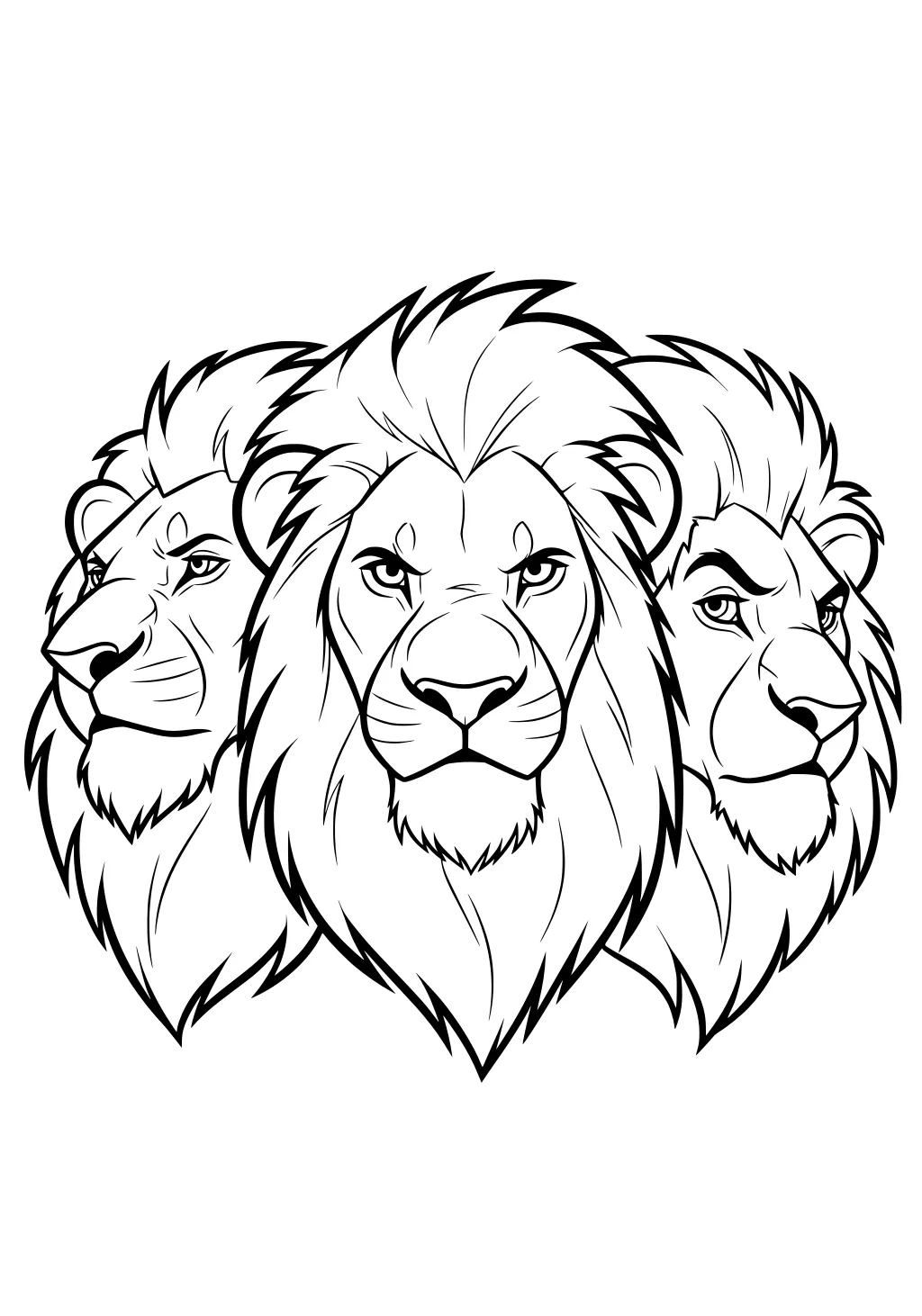 Three lion faces with big manes, side by side, each with a different expression.