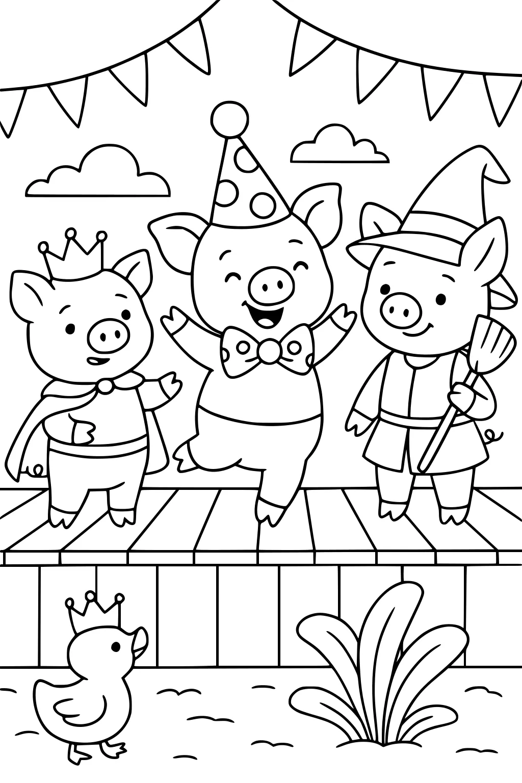 Three piglets in costumes stand on a stage with party flags, a duck with a crown, and grass in the foreground.