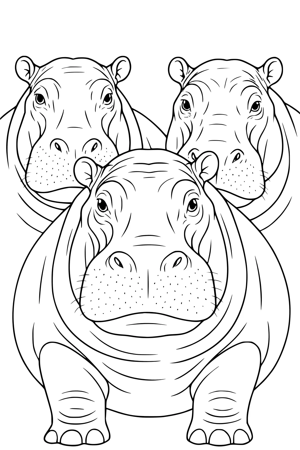 Three hippos standing close together, facing forward, with large heads, wide noses, and rounded bodies.