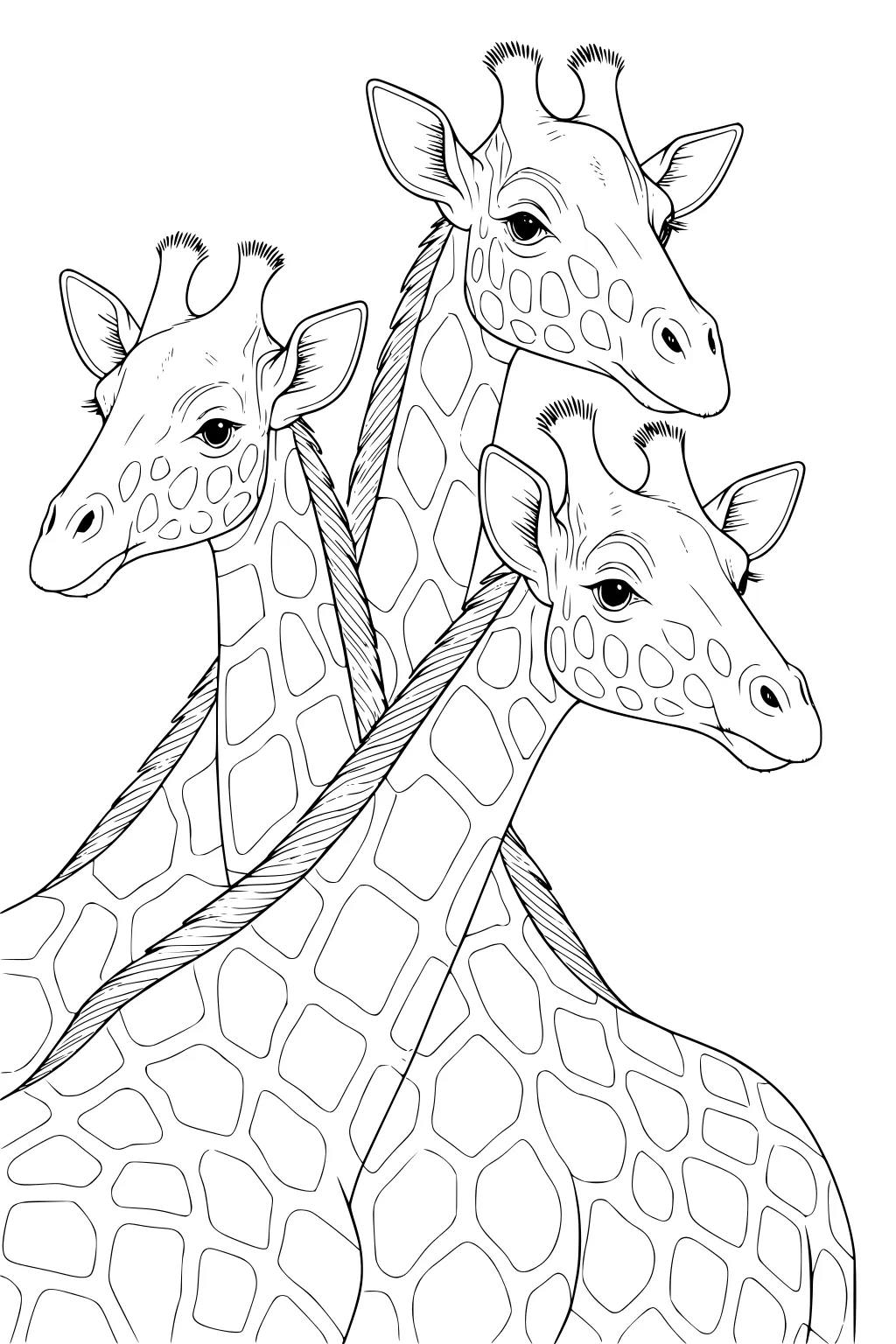Three giraffes with long necks and patterned spots grouped closely together, drawn in a line-art style.